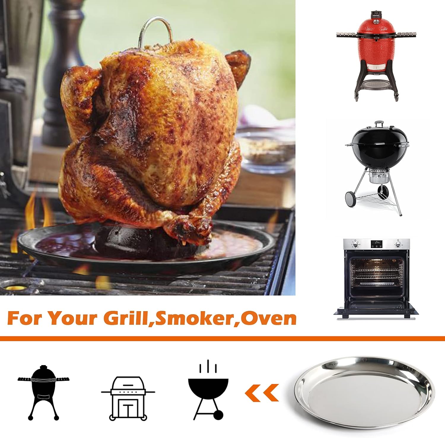 14 In Stainless Steel Roasting Pan, Stainless Steel Heavy Duty Kitchenware Round Roaster Pan Large XLarge Big Size Green Egg Drip Pan for Turkey Baking,Roast Chicken,Brushed Surface & Dishwasher Safe